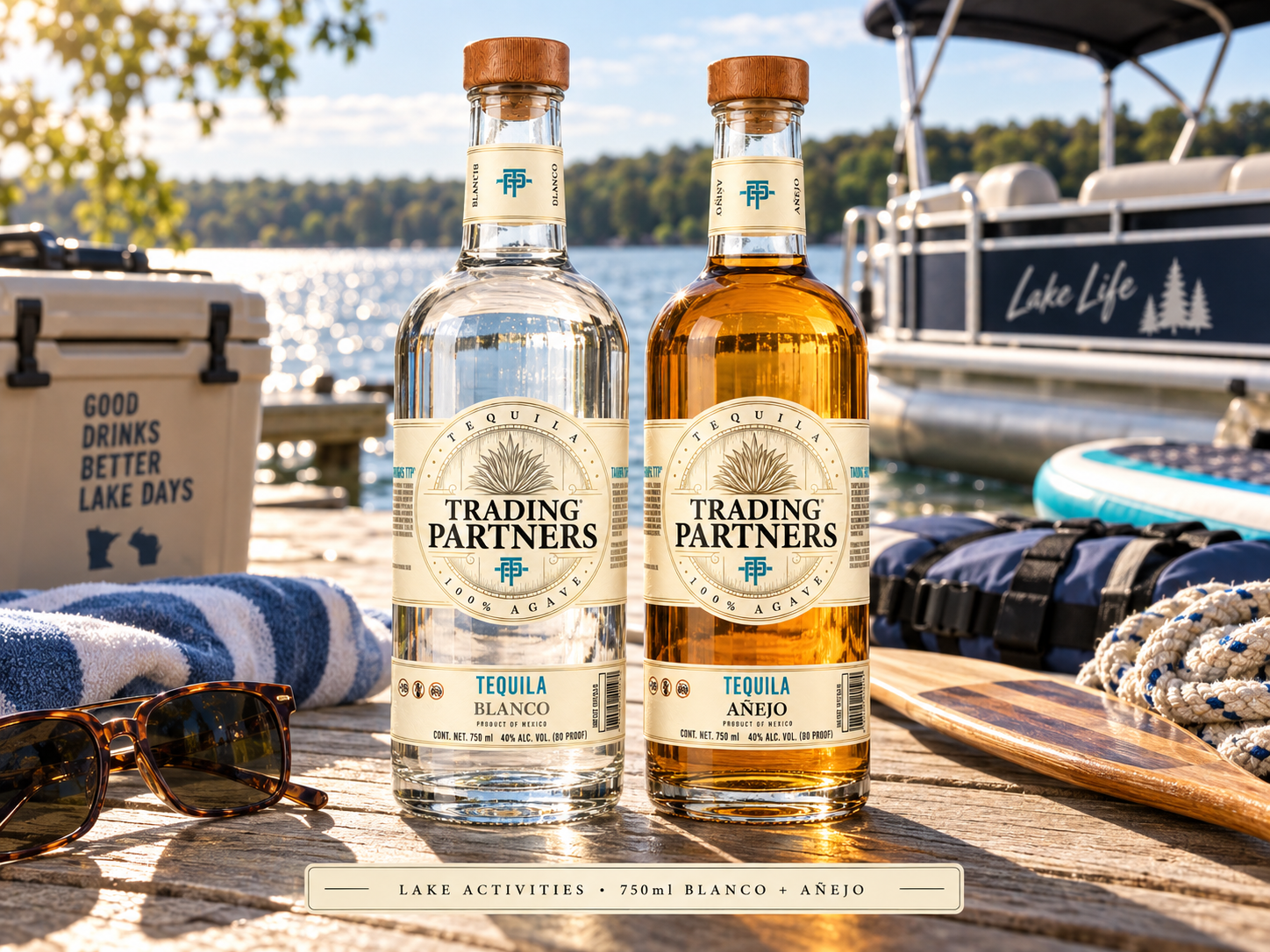 Trading Partners blanco and añejo bottles on a lake dock