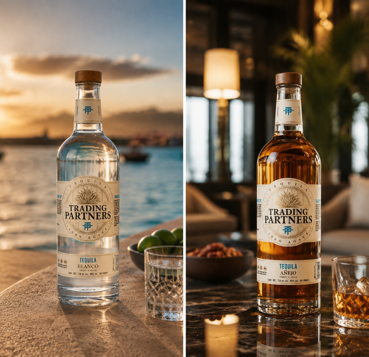 Blanco and añejo bottles at sunset and in a lounge